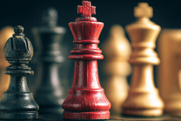 Close-up of chess pieces on a board with a red king in focus