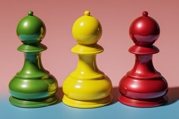Vibrant chess pawns in green, yellow, and red on colorful background
