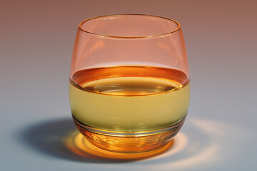Golden liquid in a short glass cup on a plain background