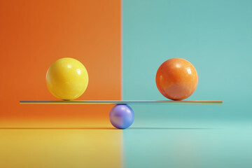 Vibrant spheres balancing on seesaw against colorful background