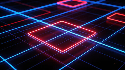 Abstract digital art featuring glowing red and blue neon geometric shapes on a grid background, evoking a futuristic cyberpunk aesthetic.