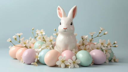 Pastel easter egg ceramic bunny spring blossom holiday decoration floral arrangement festive still life cute rabbit soft color blue background seasonal celebration
