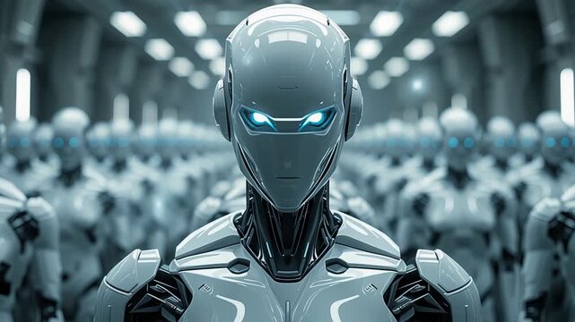 Humanoid robot standing in front of identical robots inside futuristic corridor with glowing eyes