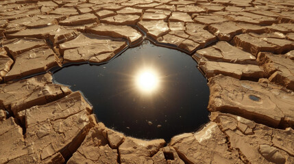 Dry desert cracked earth sun reflection drought climate change concept