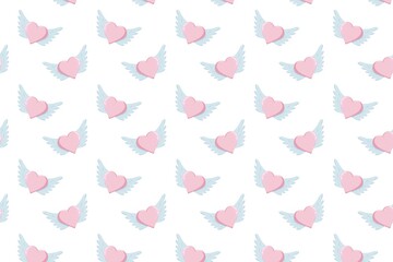 Seamless pattern of pink winged hearts on a clean white background. Playful romantic design for wrapping paper, textiles, stationery, party decor and Valentine themes with a soft pastel look