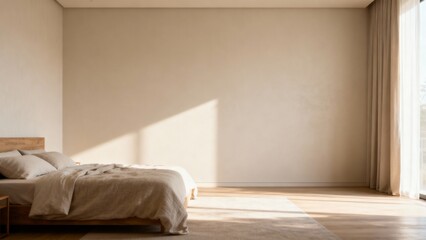 Minimal bedroom with restful mood representing Health and body Self-care Rest and recovery Physical health no medicine against bright interior background with copy space