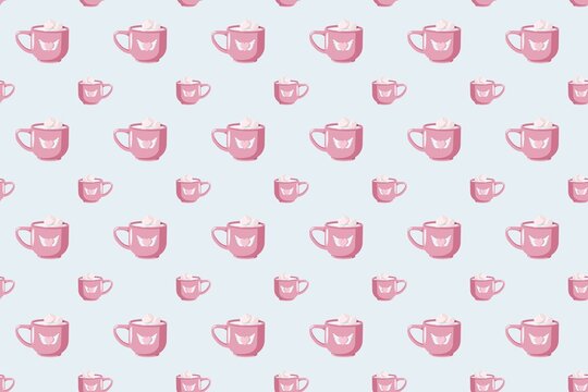 Seamless pattern of pink mugs with whipped cream and butterfly details on a soft blue background. Cozy pastel design for wrapping paper, textiles, stationery, party decor and Valentine themes