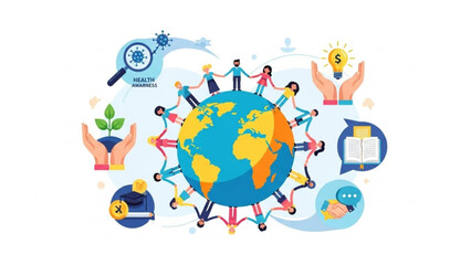 A diverse group of people standing around the globe with icons representing health awareness education finance and environmental with diversity