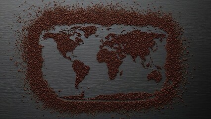 World map formed using brown coffee grounds over gray surface