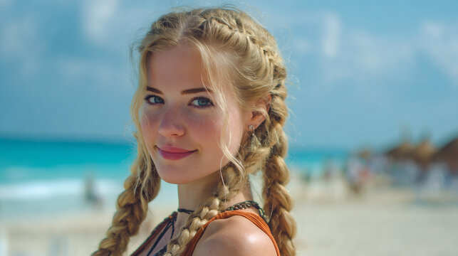 beach photoshoot of blonde girl with double Dutch braids