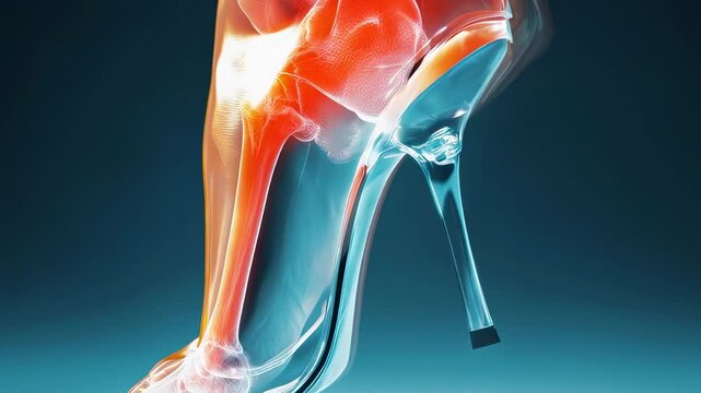 X ray animation of woman's ankle sprain injury in high heels