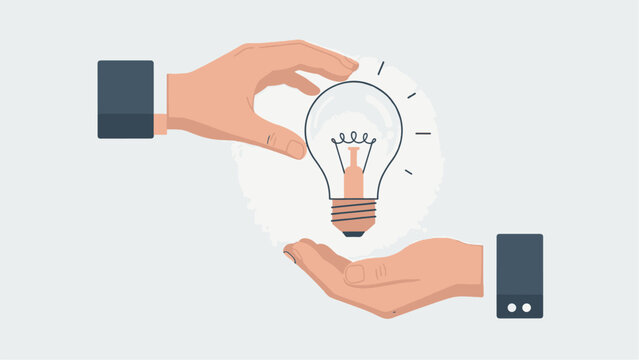 Conceptual illustration of business hands transferring a bright light bulb idea, symbolizing innovation sharing, teamwork, and finding the perfect solution. - Powered by Adobe