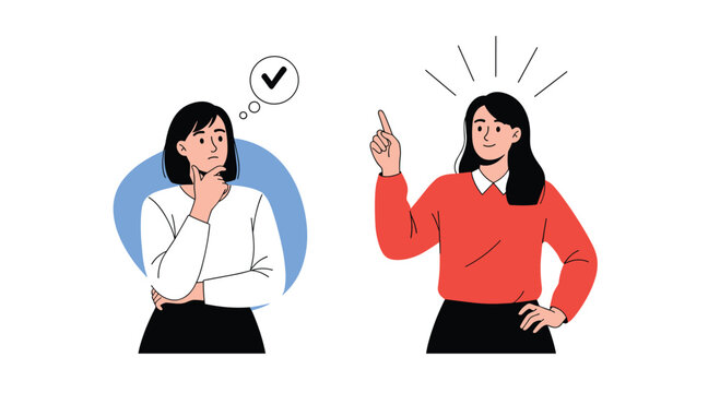 Two women illustrating a problem solving process where one is thinking and the other has found a great idea or a solution.
