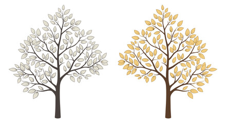 Two illustrated trees, one in muted tones and one in bright autumn orange leaves, representing seasonal changes and nature.