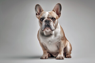 Fototapeta premium Portrait of a French Bulldog sitting upright with a grumpy expression, neutral studio background