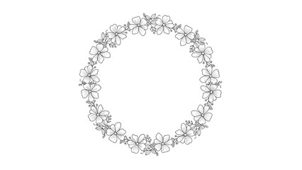 Obraz premium Elegant floral wreath made of delicate black and white line art flowers for wedding, stationery, and decorative framing.
