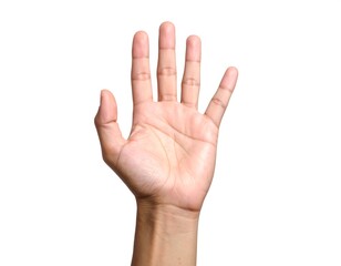 A palm up, hand open, showing veins and natural skin tone against a pure white background