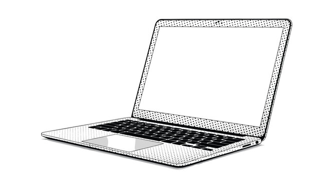 Clean and modern illustration of an open laptop computer in a minimalist line art style with subtle halftone shading effects.