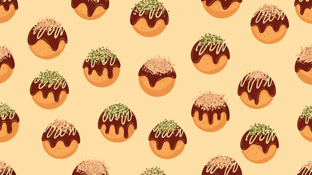 Seamless food pattern of delicious Japanese takoyaki octopus balls with brown sauce and green seaweed flakes for background.