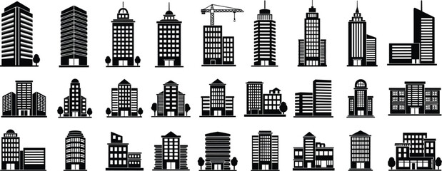 Modern city building icons set, urban skyline architecture silhouettes, real estate construction office skyscraper vector illustration collection for design branding