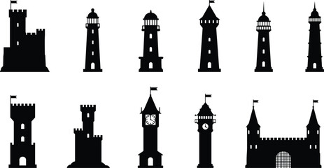 Castle tower silhouettes, medieval fortresses, lighthouses, clock towers, turrets, battlements, spires, historic architecture, fortress buildings, heritage landmarks, architectural design elements © Best_Design