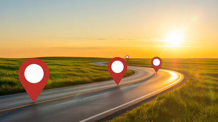 Winding road with sunset and location pins