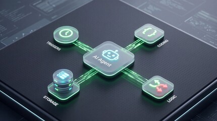AI Agent Workflow Integration Diagram. 3D visualization of intelligent automation (RPA) connecting triggers, coding, data storage, and complex logic processing on a futuristic dark platform.