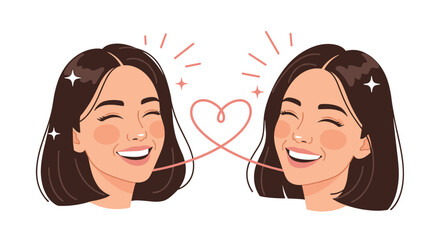 Two identical portraits of a smiling woman with brown hair connected by a thin pink line forming a heart shape.