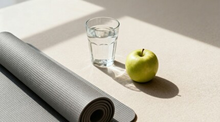 Yoga mat with water and apple representing Health and body Self-care Rest and recovery Physical health no medicine against light interior background with copy space