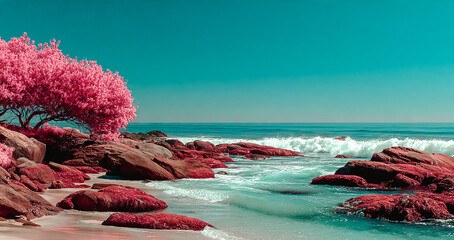Paysage surréaliste de bord de mer avec arbre rose