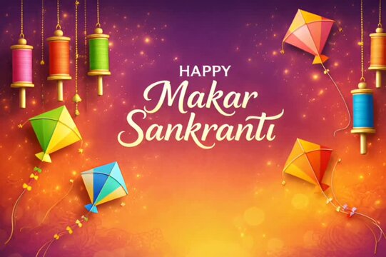 Happy Makar Sankranti Celebration Banner with Colorful Kites and Spools,Luxury Makar Sankranti Festival Background with Kites on Purple Orange Theme,Generative ai