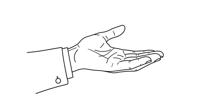 Simple line drawing of a person in a suit sleeve with an open palm gesture of giving or presenting something on a white background.