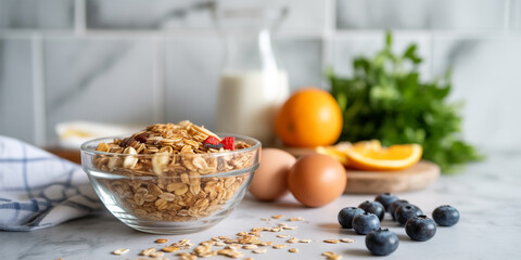 Healthy breakfast setup with granola and fresh fruits