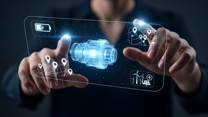 Futuristic holographic interface displaying electric vehicle battery and motor technology