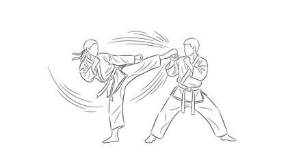 Obraz premium Intense martial arts line drawing showing two fighters practicing karate or taekwondo during a training session.