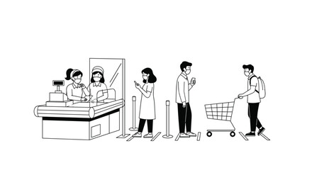 Illustration showing diverse people maintaining social distance in a supermarket queue to ensure health and safety.