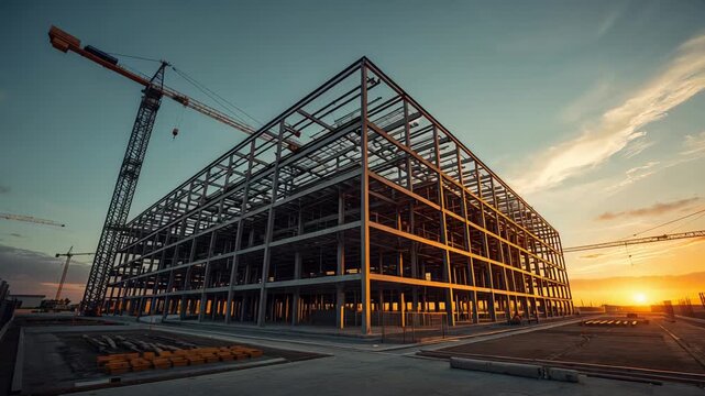 Steel frame building under construction with crane at sunset on urban development site