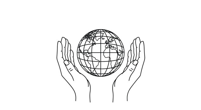 Simple line drawing of two human hands carefully holding and protecting the planet Earth globe with great care.