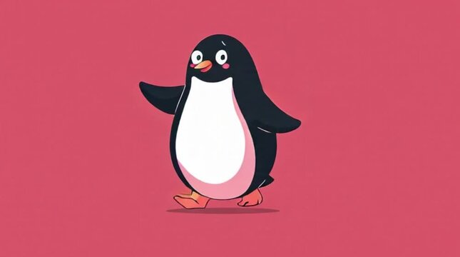 Cartoon penguin performing a funny dance on a solid pink background.