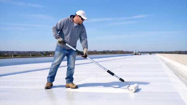 Waterproofing specialist applies white liquid roofing to the roof using a roller
