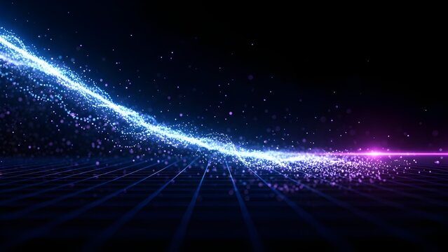 Abstract digital wave made of blue and purple neon particles over a grid floor. - Powered by Adobe