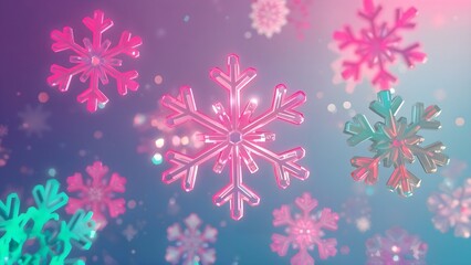 Neon Pink and Green Snowflakes Illustration &ndash; Futuristic Winter Holiday Background