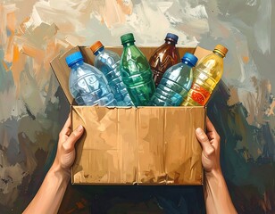 A person holds a cardboard box full of colorful plastic bottles, against a painted background