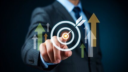 Businessman in suit pointing to a glowing target with arrows indicating growth and success in marketing and business strategy