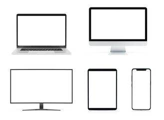 Modern devices screens pack isolated on transparent background. Smartphone, tablet, laptop and computer mockup. Front view. 3d rendering