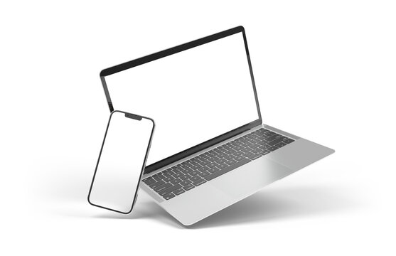 Floating mobile phone and laptop isolated on transparent background 3d rendering