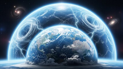 Two glowing Earths, one smaller contained within a larger, in the vastness of space with galaxies.