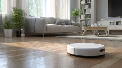 Robot vacuum cleaning a modern apartment living room with wood floor