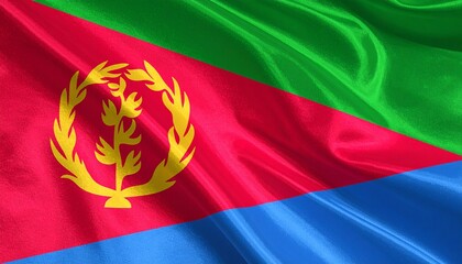 Eritrea flag with red, green, blue triangles and central gold olive wreath.