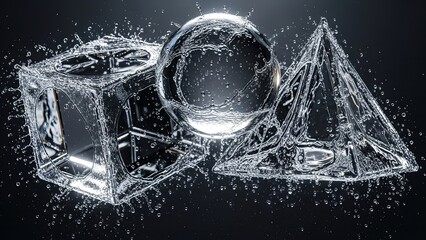 Abstract geometric shapes made of clear water splash and droplets against a dark background
